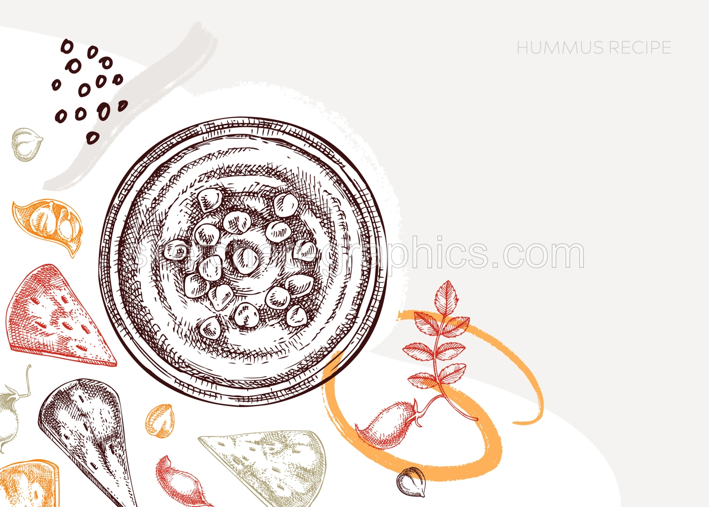 Hummus background. Mediterranean food, ingredients, plants, pita sketches. Vegan food illustration. Hand-drawn hummus in plate, pita, and chickpeas for menu, recipe, or packaging design.  Illustration